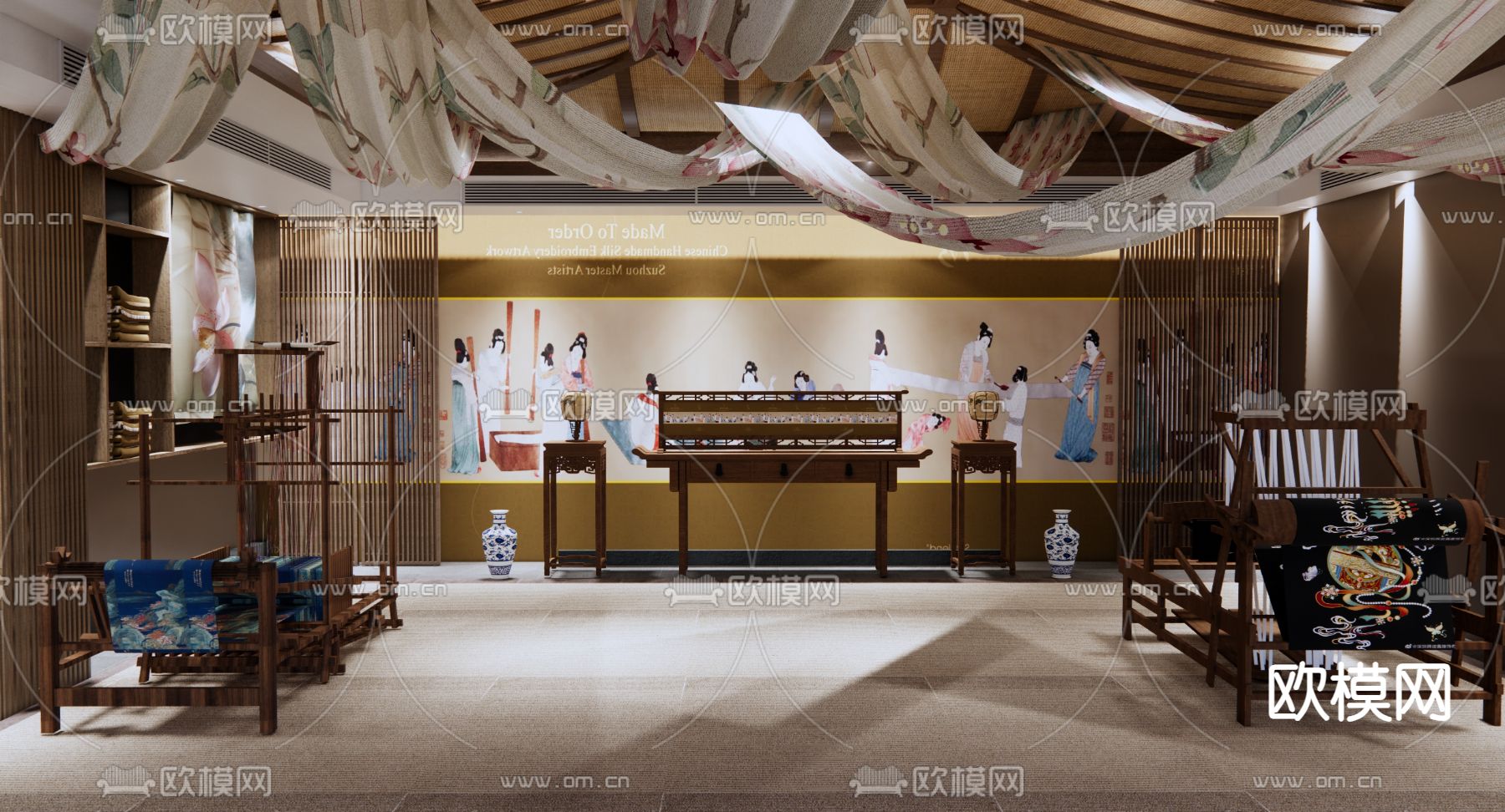 新中式 传统刺绣 博物馆3d模型下载（渲染图1）