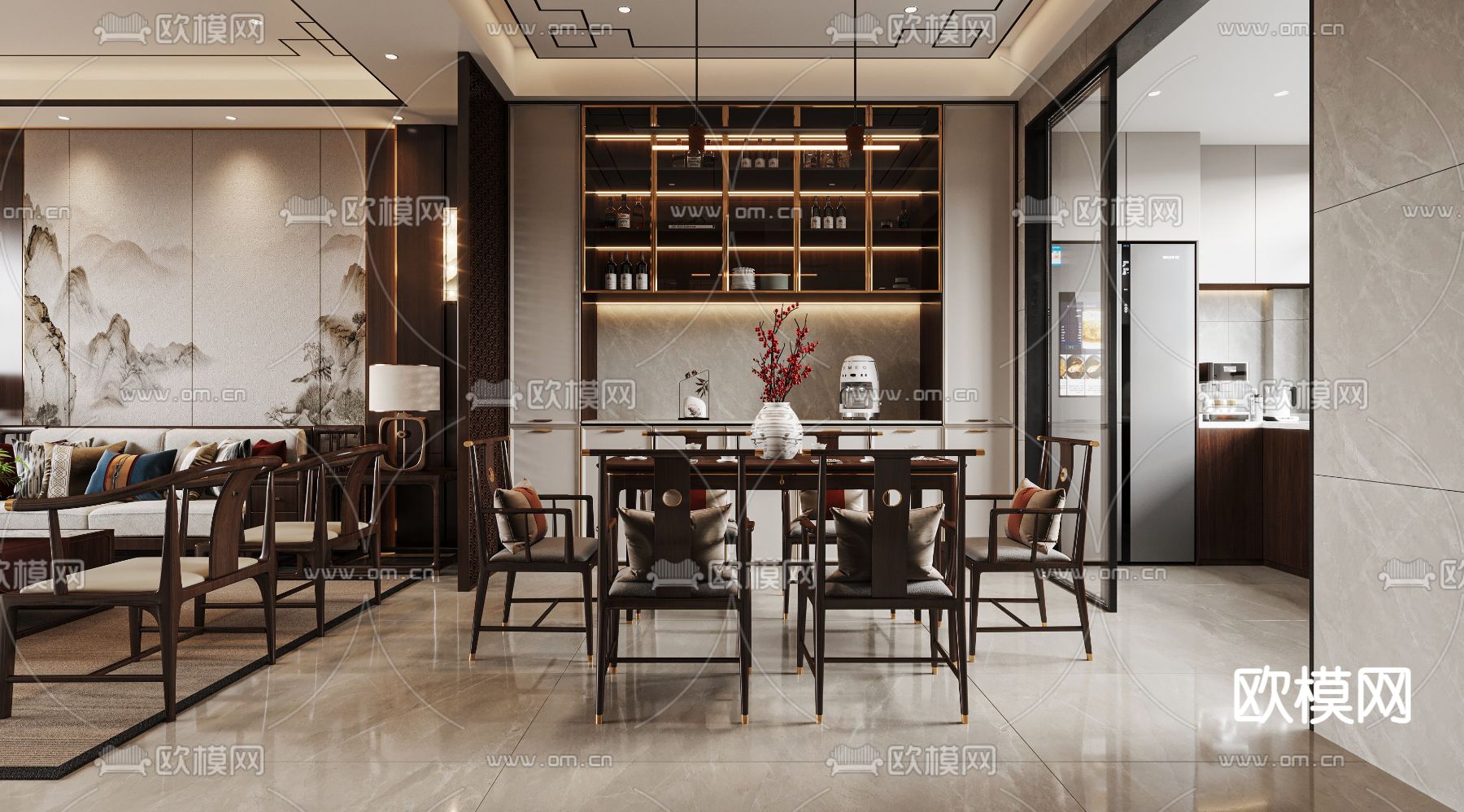 中式客餐厅3d模型下载（渲染图1）