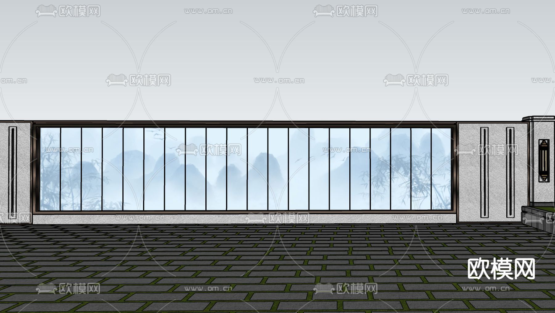 新中式山水景观 围墙su模型下载（渲染图1）
