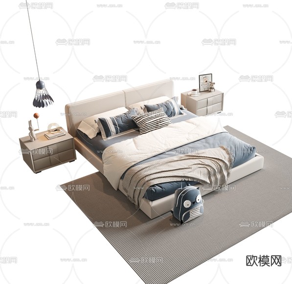 现代儿童双人床su模型下载(渲染图2)