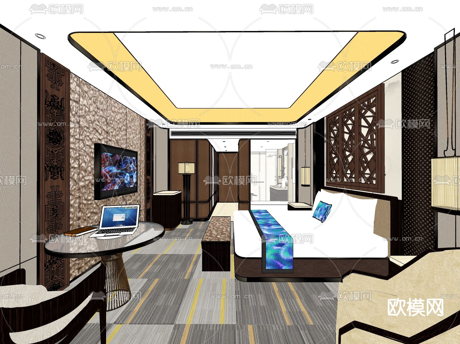 新中式酒店客房su模型下载（渲染图1）