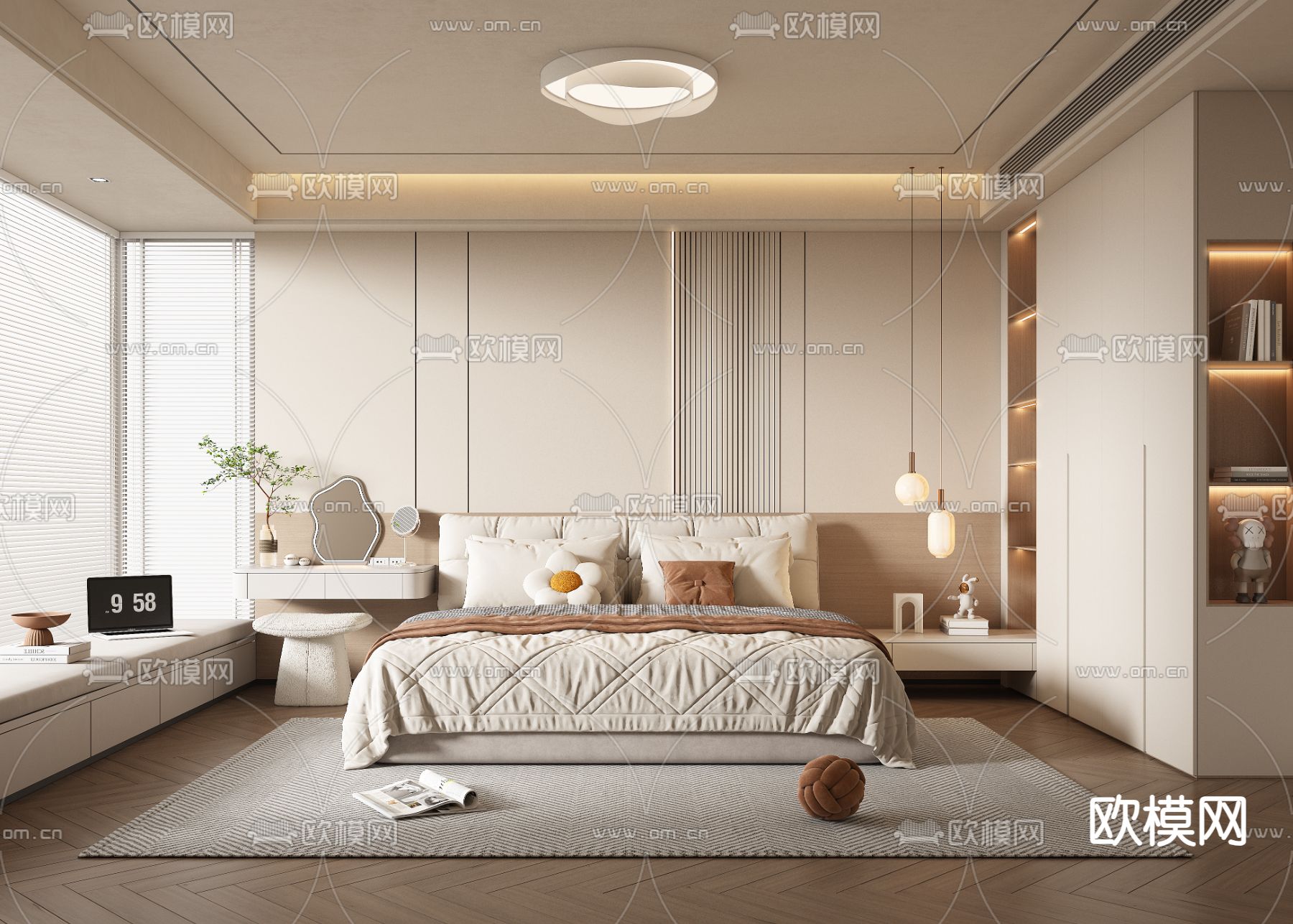 奶油风卧室 主卧 主人房su模型下载（渲染图1）