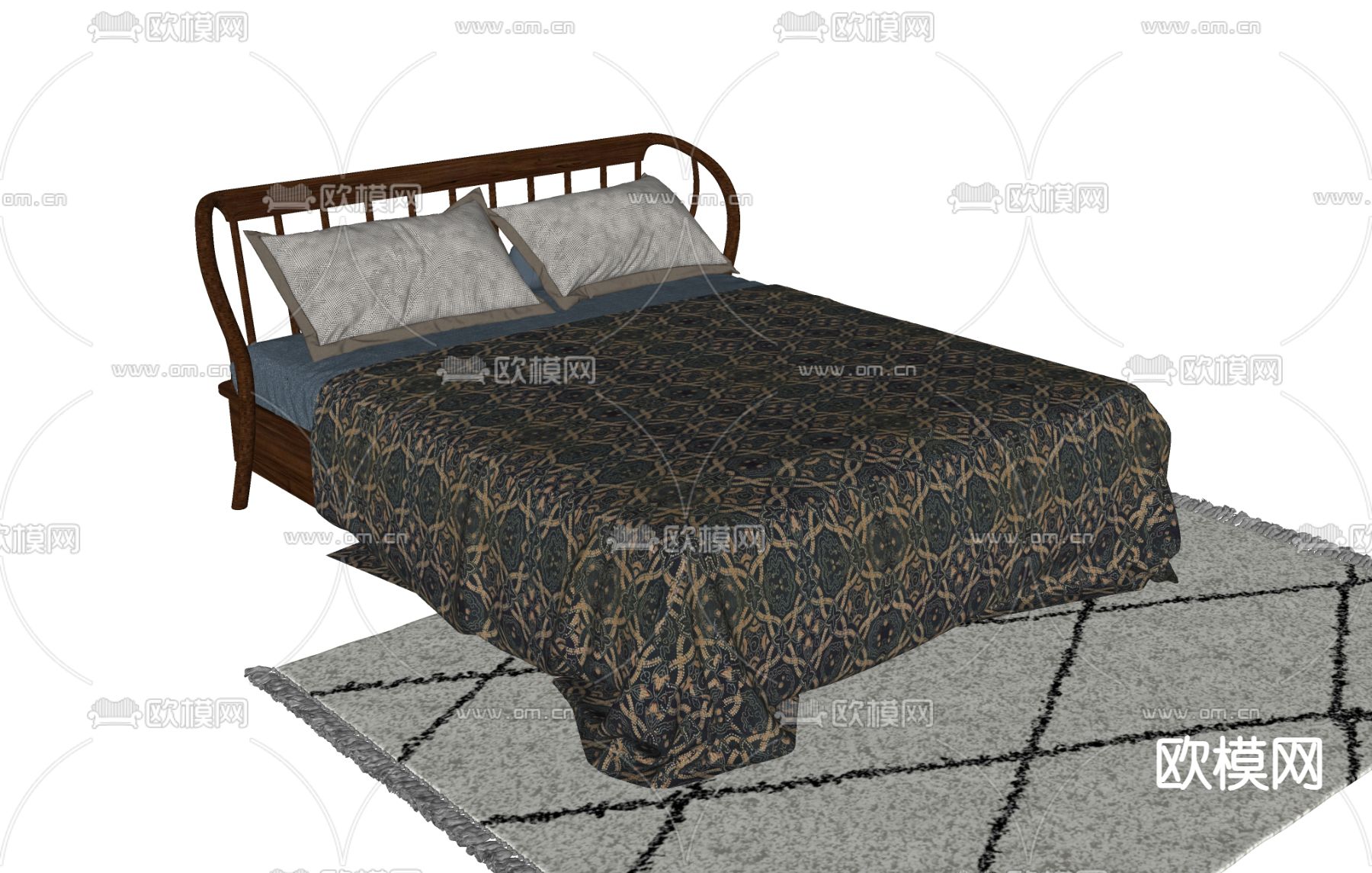 现代双人床su模型下载（渲染图1）