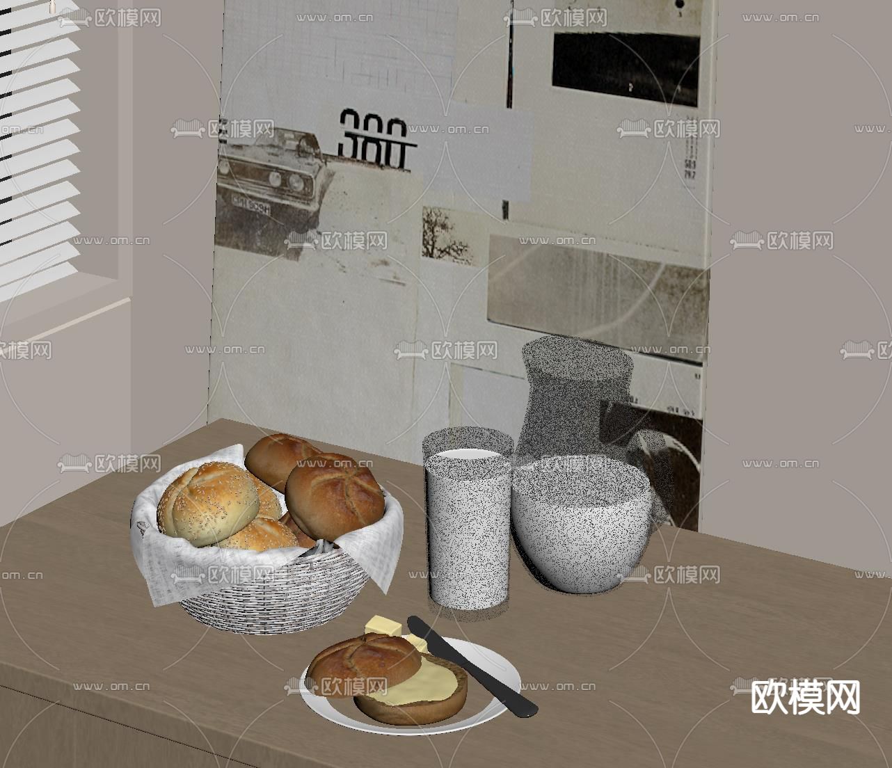 食物 牛奶 面包su模型下载（渲染图1）