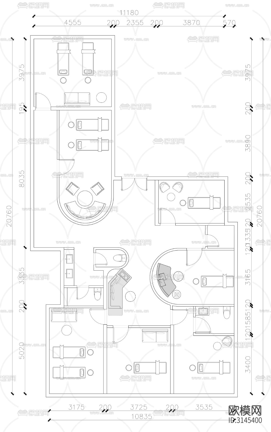 美容理疗spa养身馆皮肤护理cad平面图下载（渲染图2）