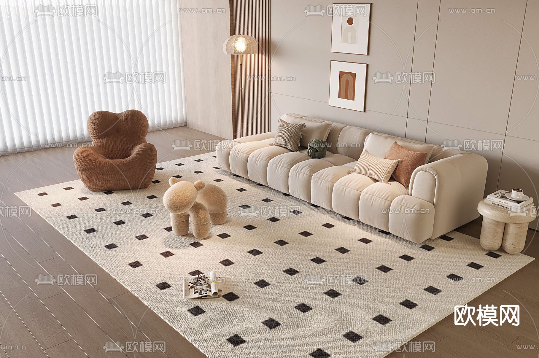 奶油风沙发 面包沙发3d模型下载