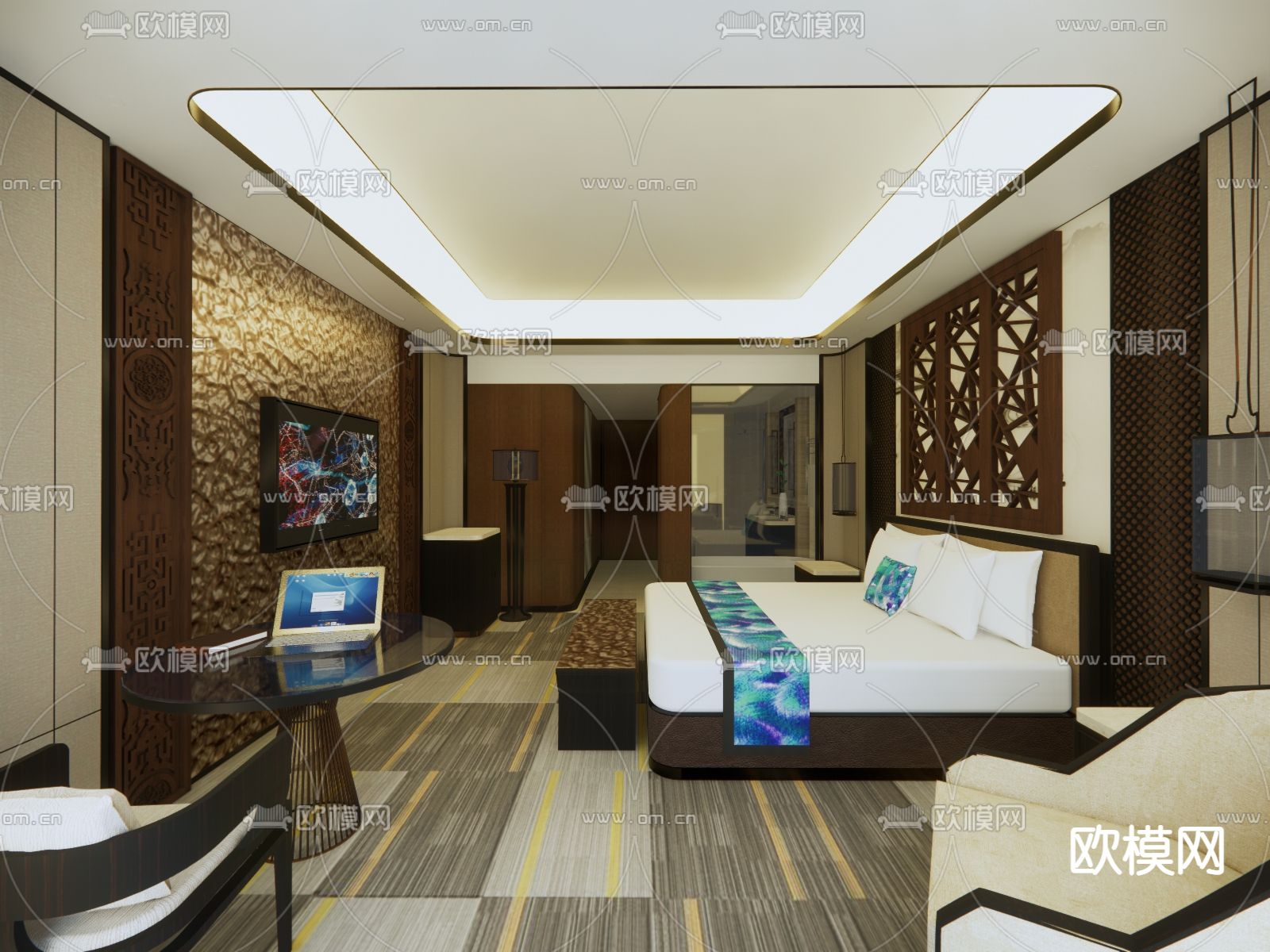 新中式酒店客房su模型下载（渲染图2）