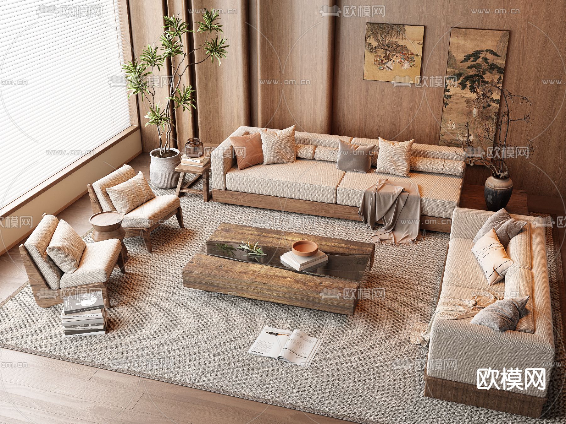 中古风沙发 组合沙发su模型下载（渲染图1）