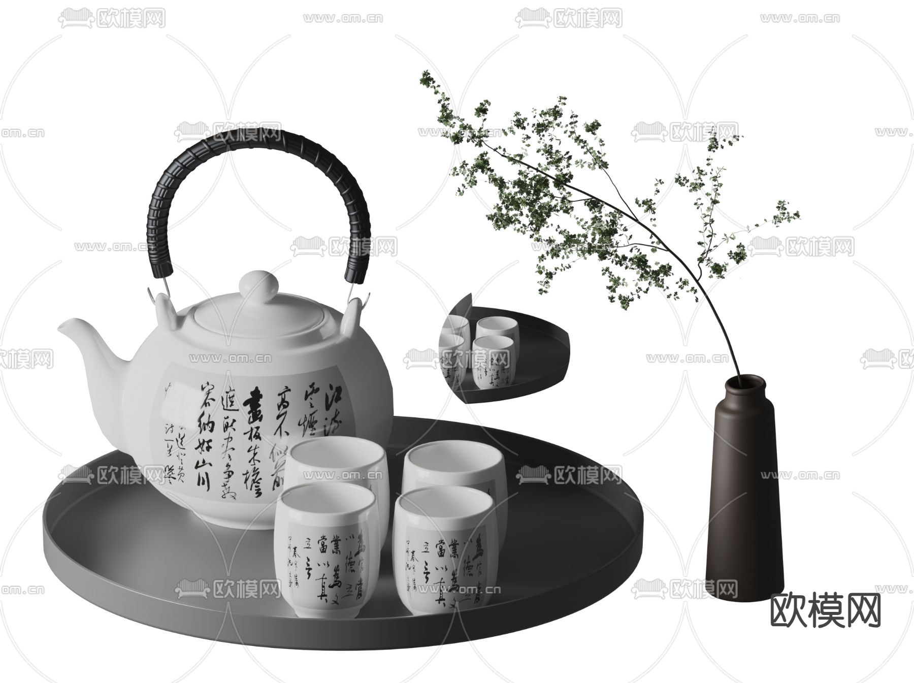 新中式茶具 茶杯茶壶 花瓶su模型下载（渲染图2）