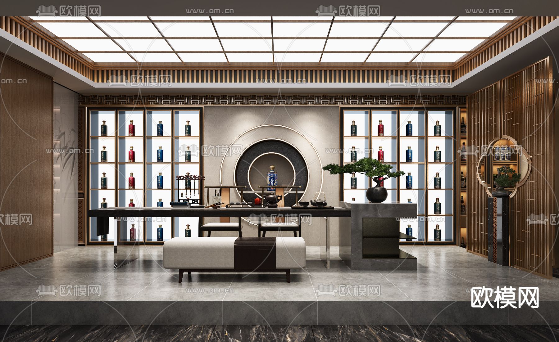 新中式白酒店3d模型下载（渲染图1）