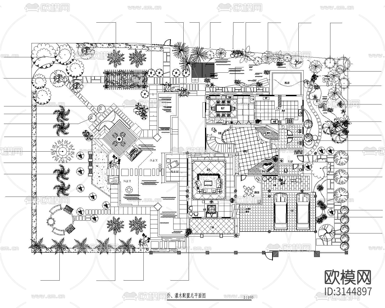 别墅庭院cad施工图下载（渲染图1）