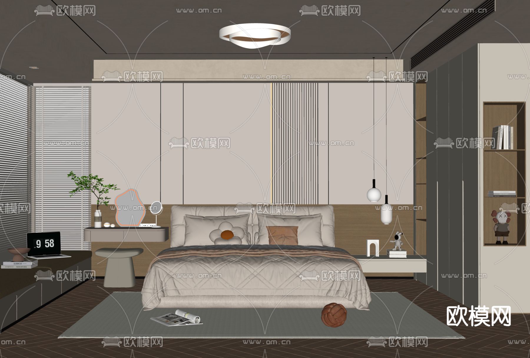 奶油风卧室 主卧 主人房su模型下载（渲染图2）