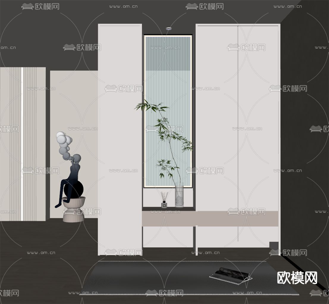 奶油风玄关鞋柜su模型下载（渲染图1）