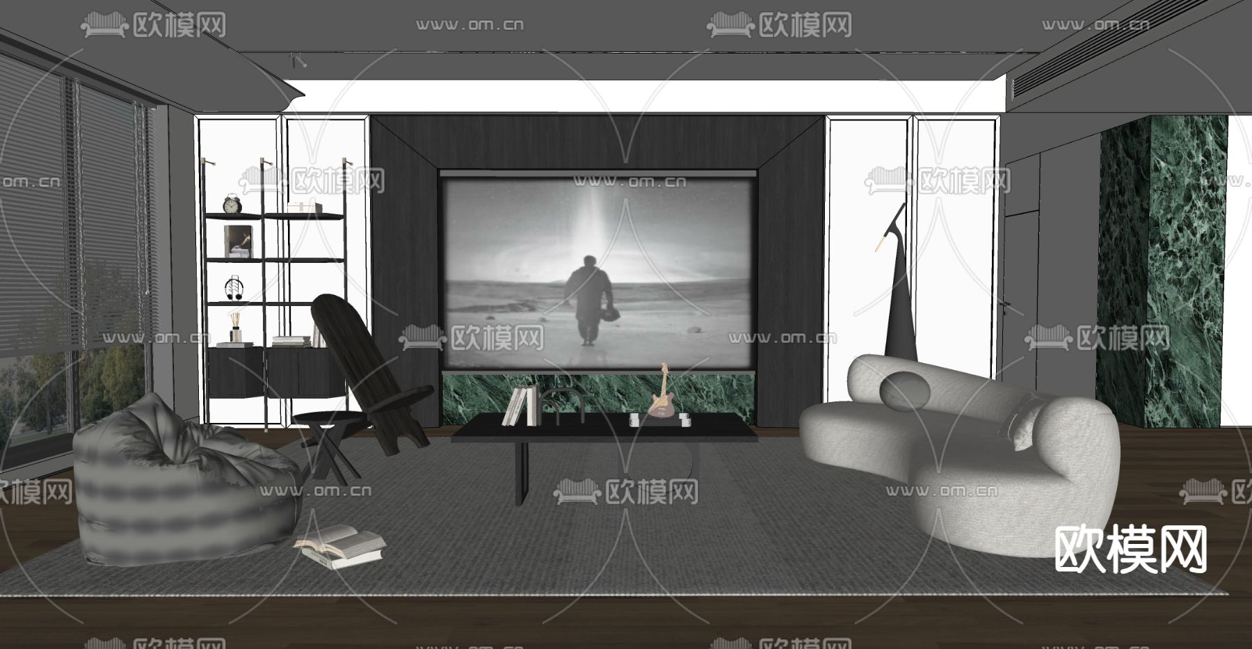 高级灰客厅su模型下载（渲染图2）