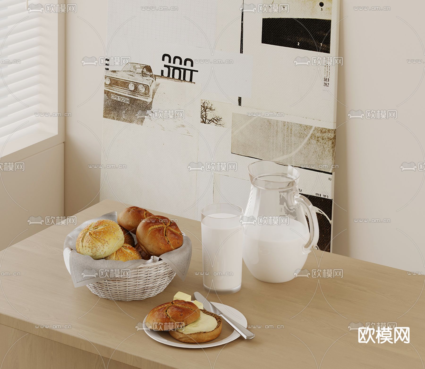 食物 牛奶 面包su模型下载（渲染图2）