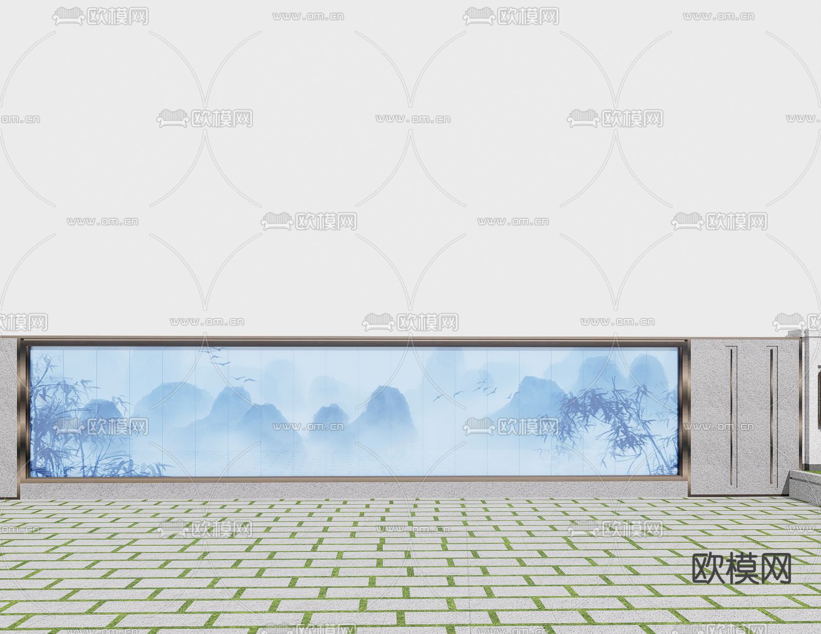 新中式山水景观 围墙su模型下载（渲染图2）