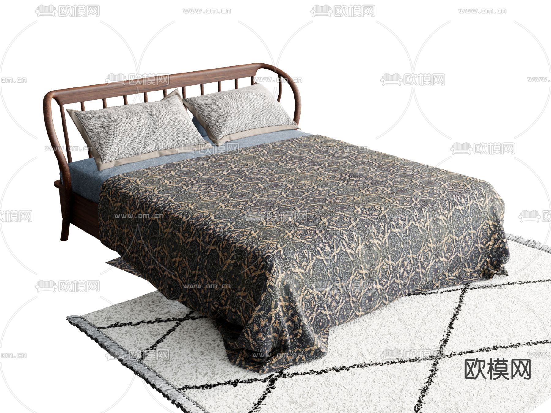 现代双人床su模型下载（渲染图2）