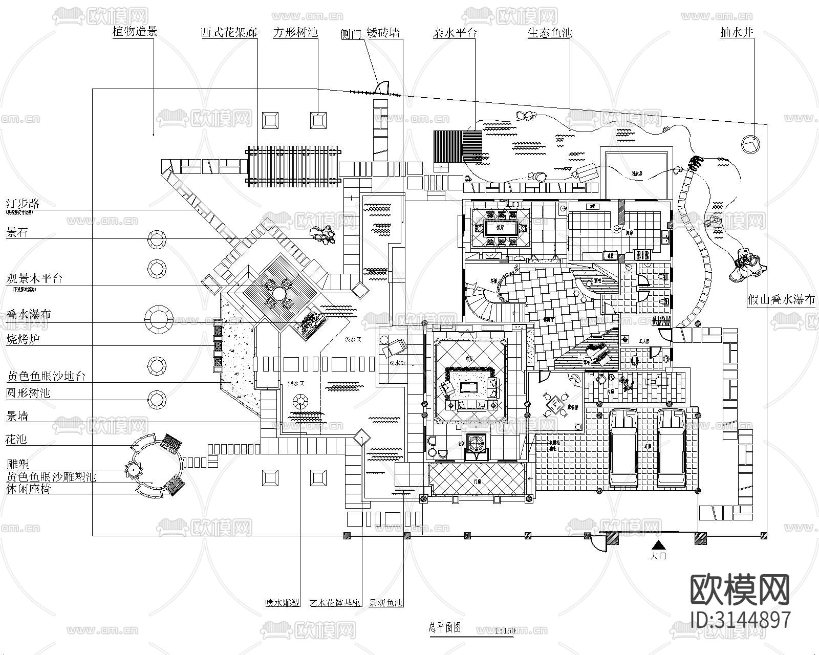 别墅庭院cad施工图下载（渲染图2）