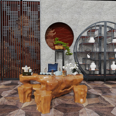 新中式茶桌椅 树雕 根雕su模型