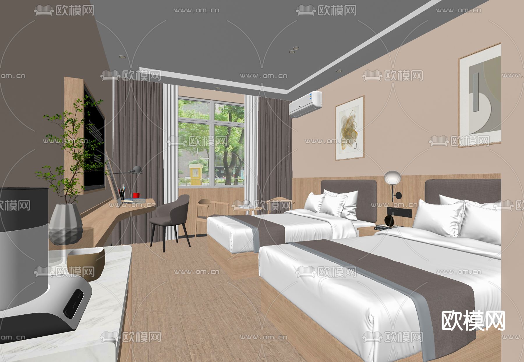 现代酒店客房su模型下载（渲染图1）