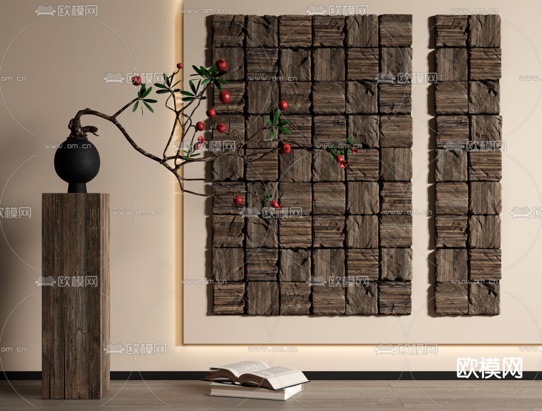 侘寂木雕 墙饰 挂件su模型下载（渲染图2）