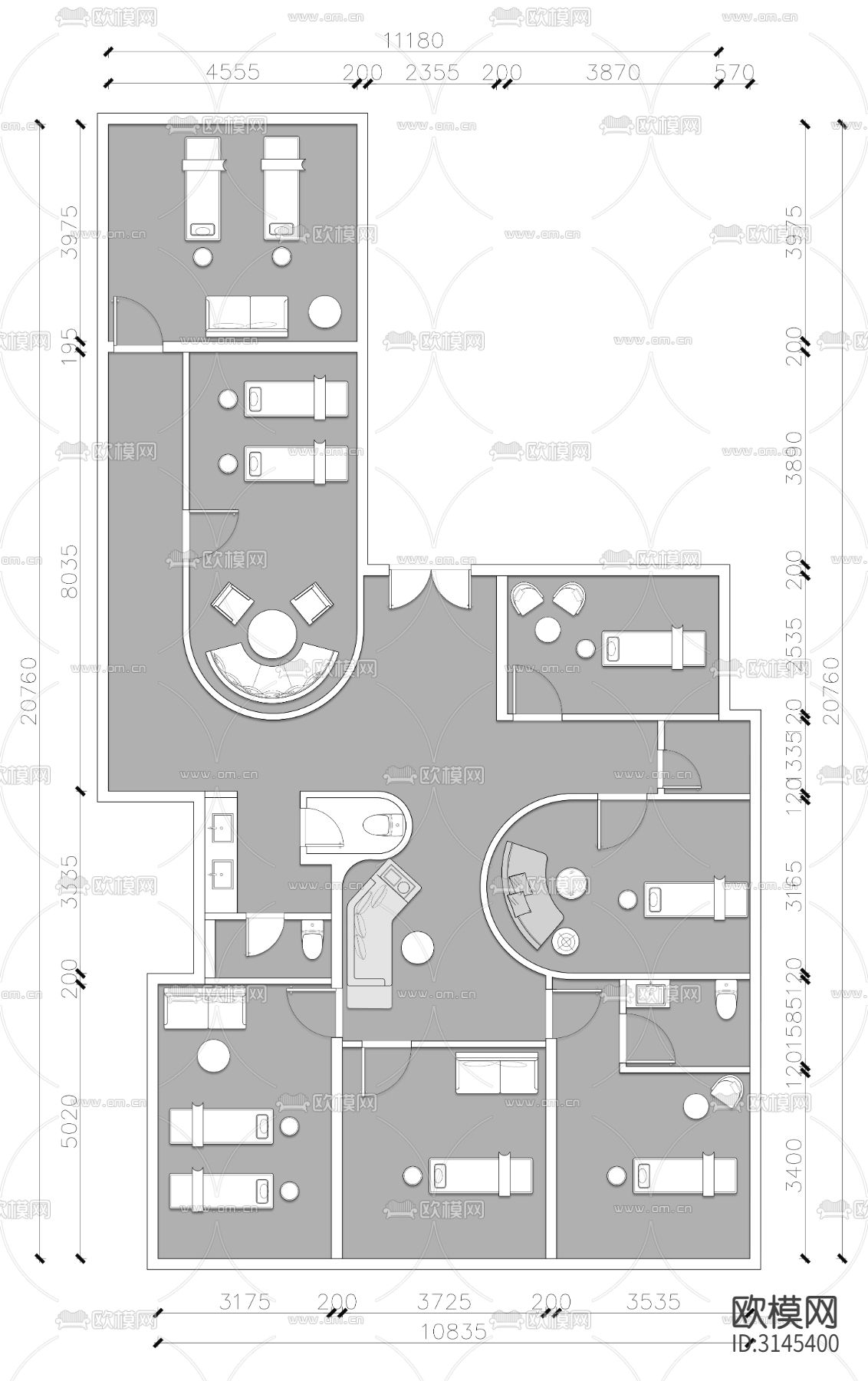 美容理疗spa养身馆皮肤护理cad平面图下载（渲染图1）