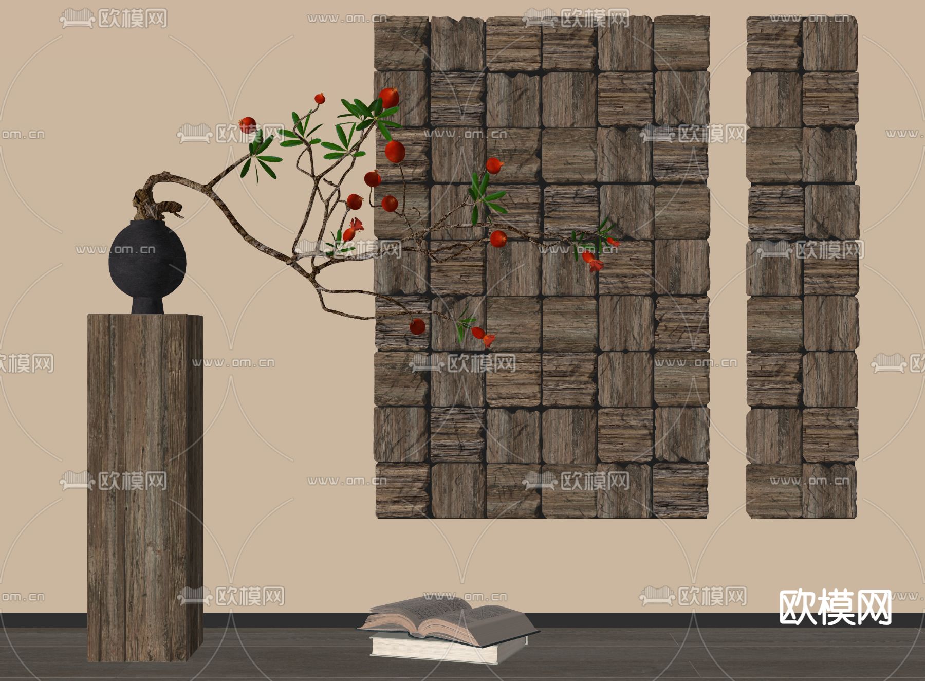 侘寂木雕 墙饰 挂件su模型下载（渲染图1）