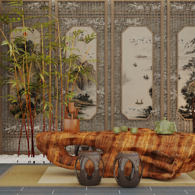 新中式茶桌椅 根雕su模型