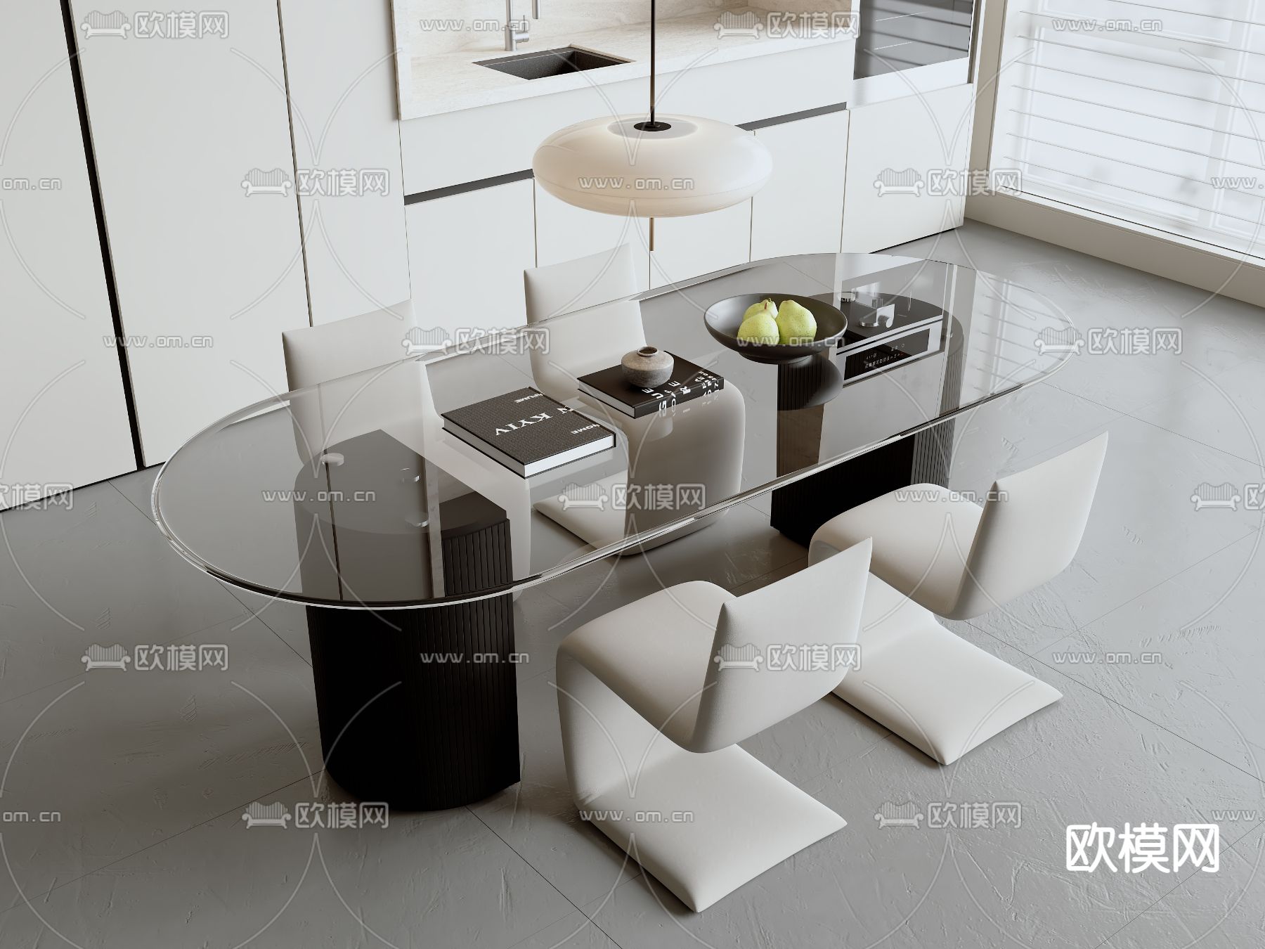 椭圆餐桌椅 玻璃餐桌3d模型下载