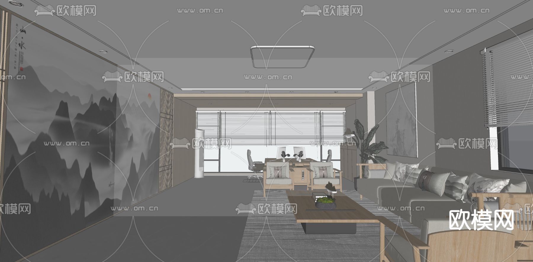 新中式会客室su模型下载（渲染图1）