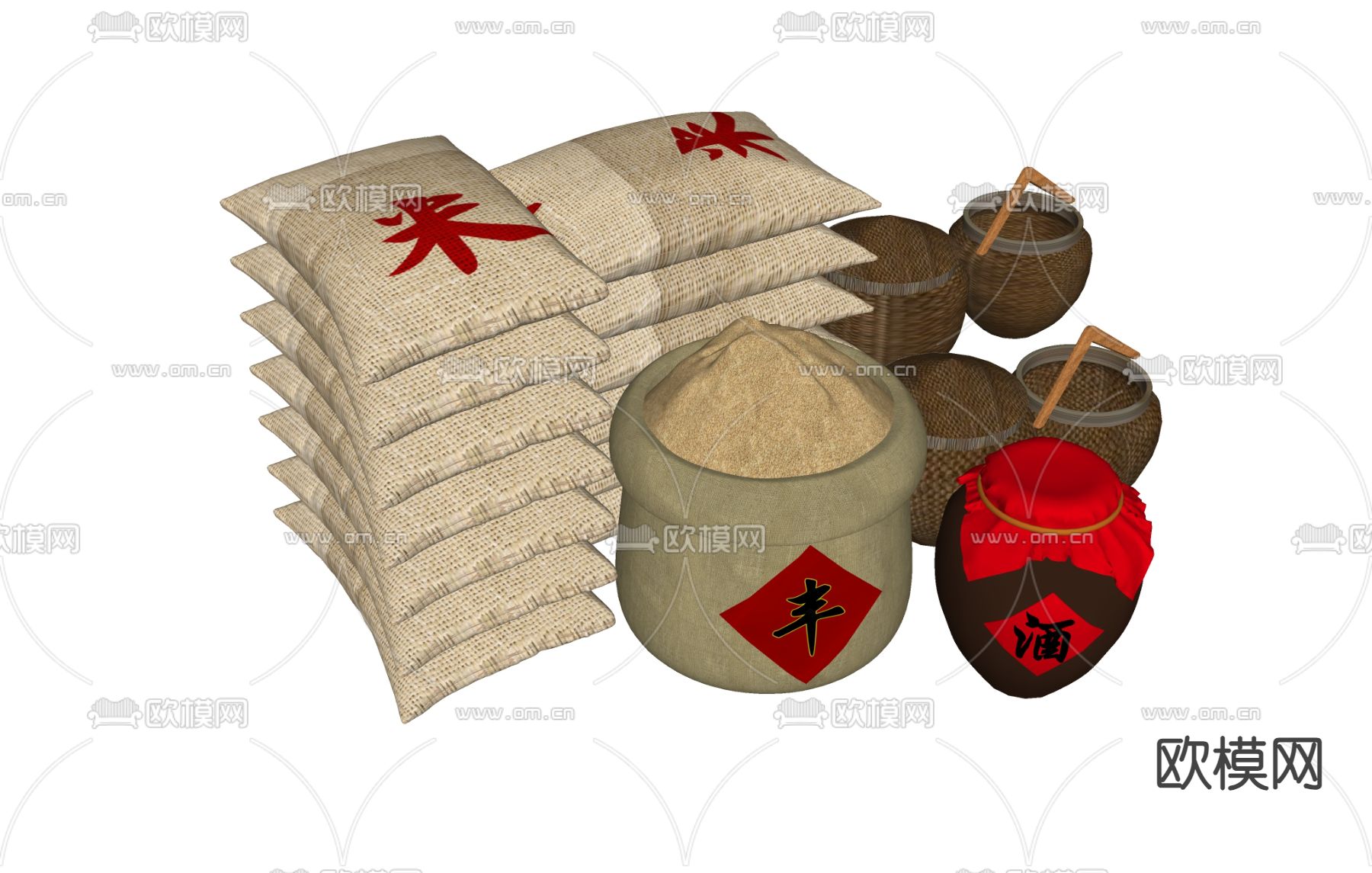 大米 米袋 沙袋 米筐 粮食 酒坛su模型下载（渲染图1）