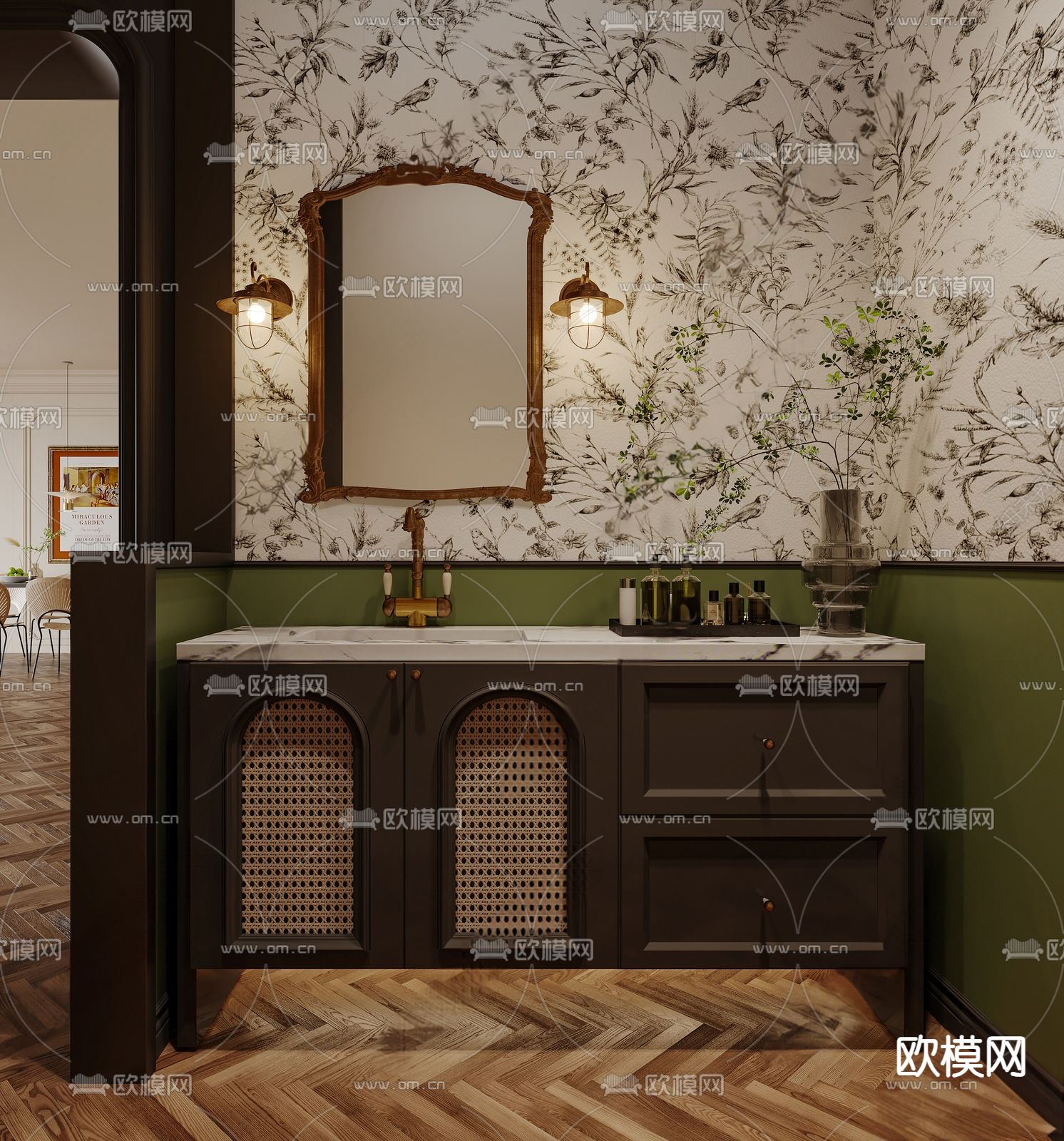 法式台盆 洗手台 浴室柜su模型下载（渲染图1）
