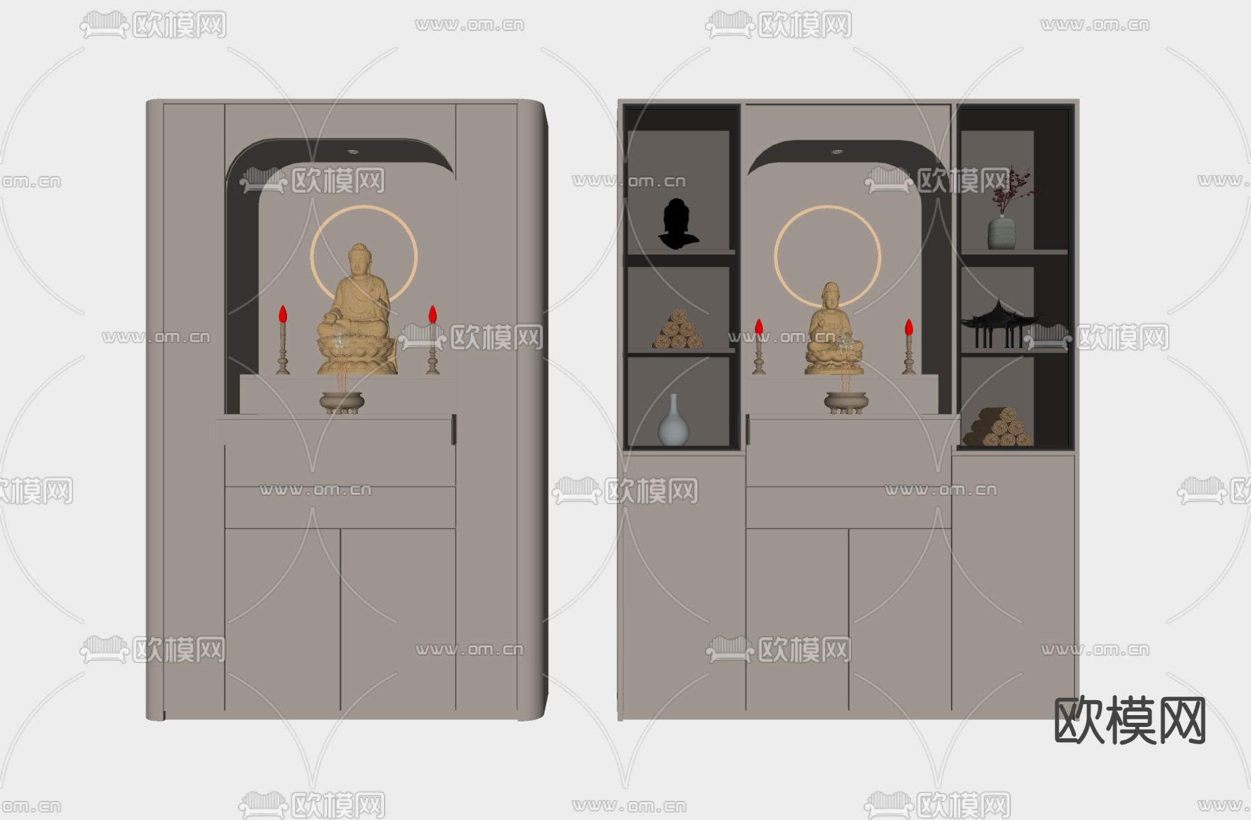 现代佛龛 供奉台 香炉 蜡烛台 财神像 佛像su模型