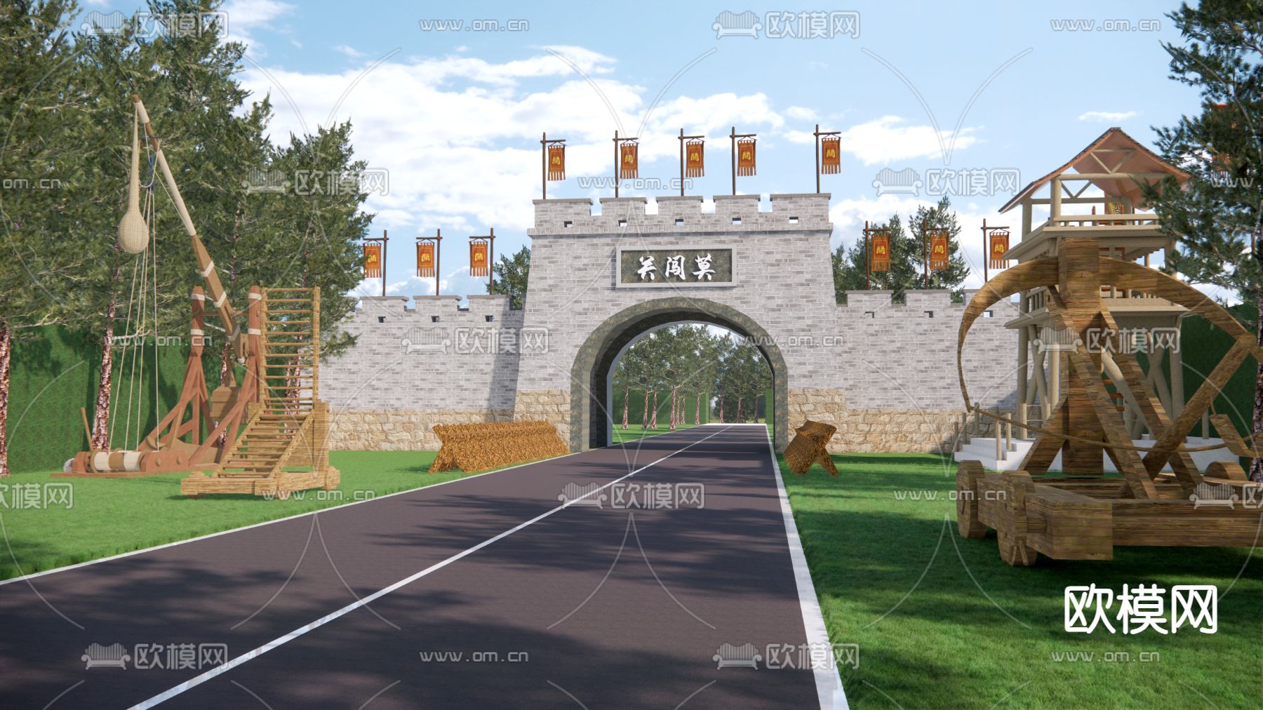 中式古城楼 古代关隘口 古建su模型下载（渲染图2）