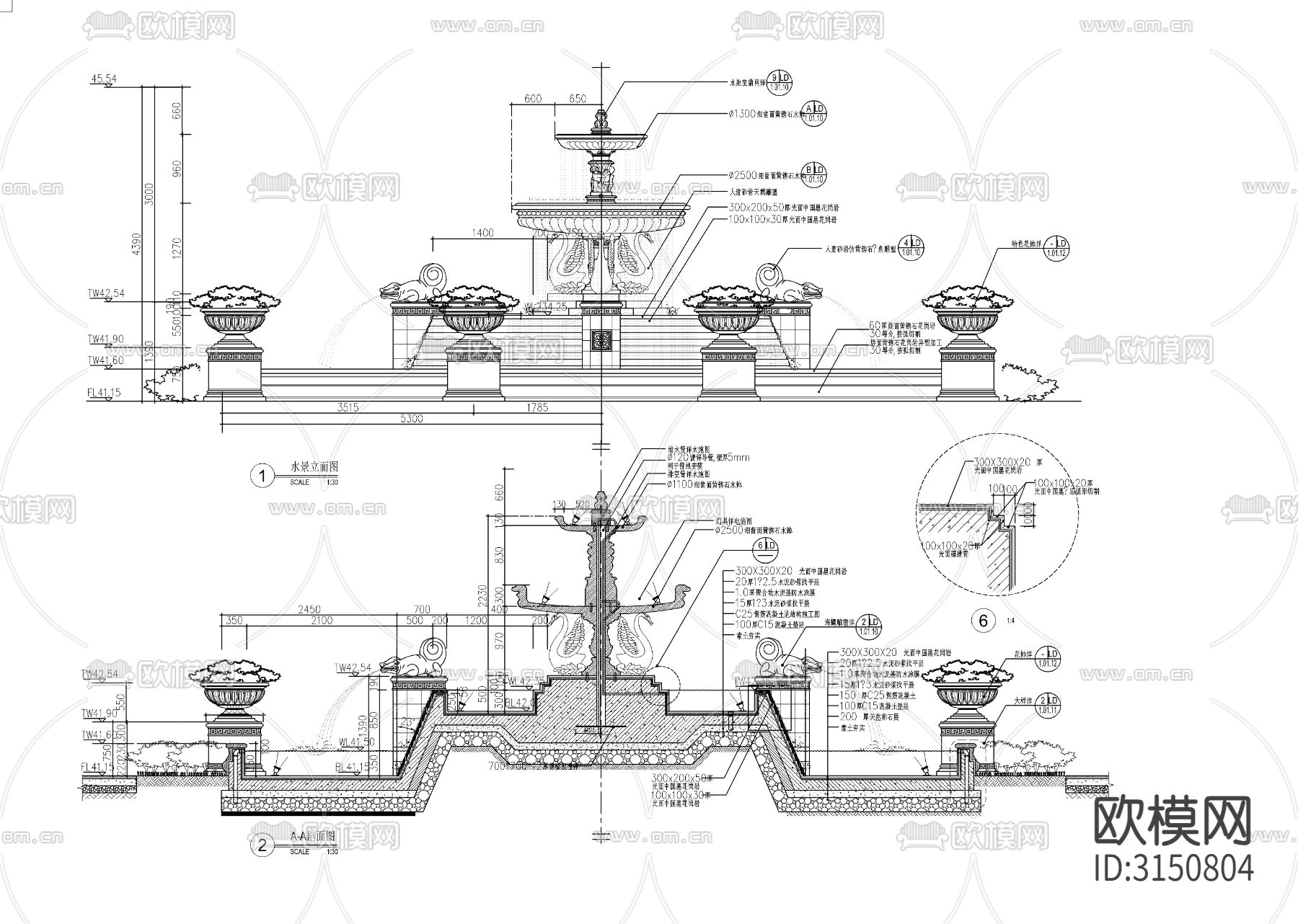 欧式圆形水景 建筑雕塑雕花cad大样图下载（渲染图3）
