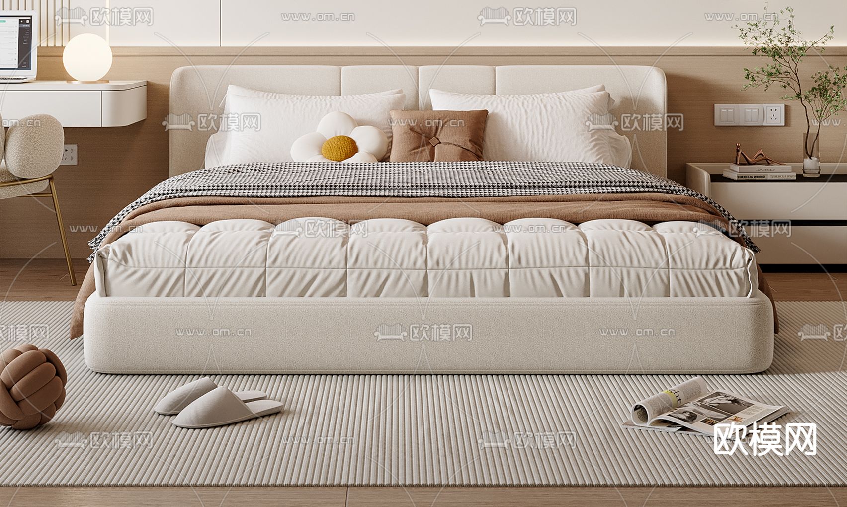 奶油风双人床su模型下载（渲染图1）