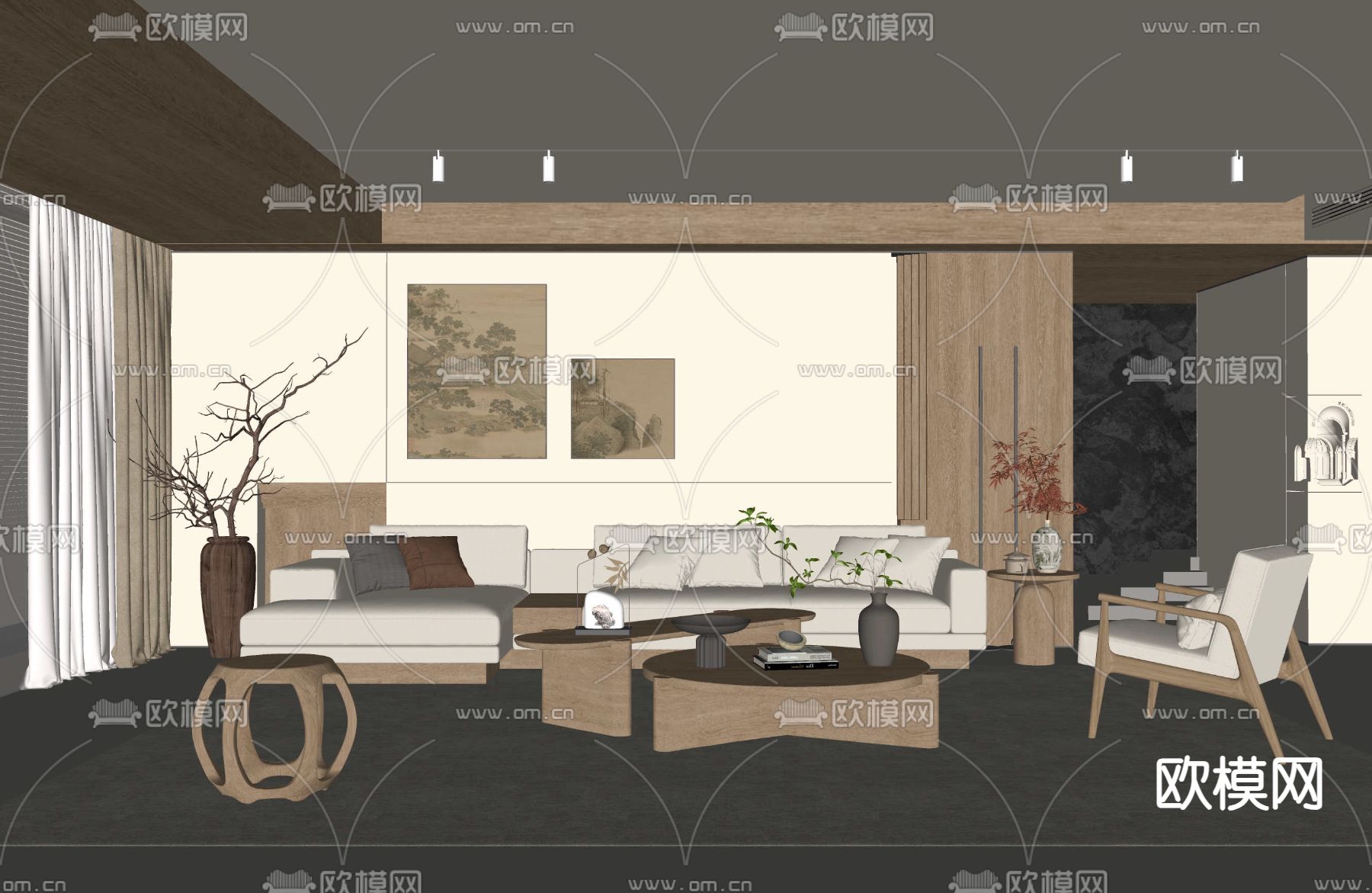 新中式客厅su模型下载（渲染图2）