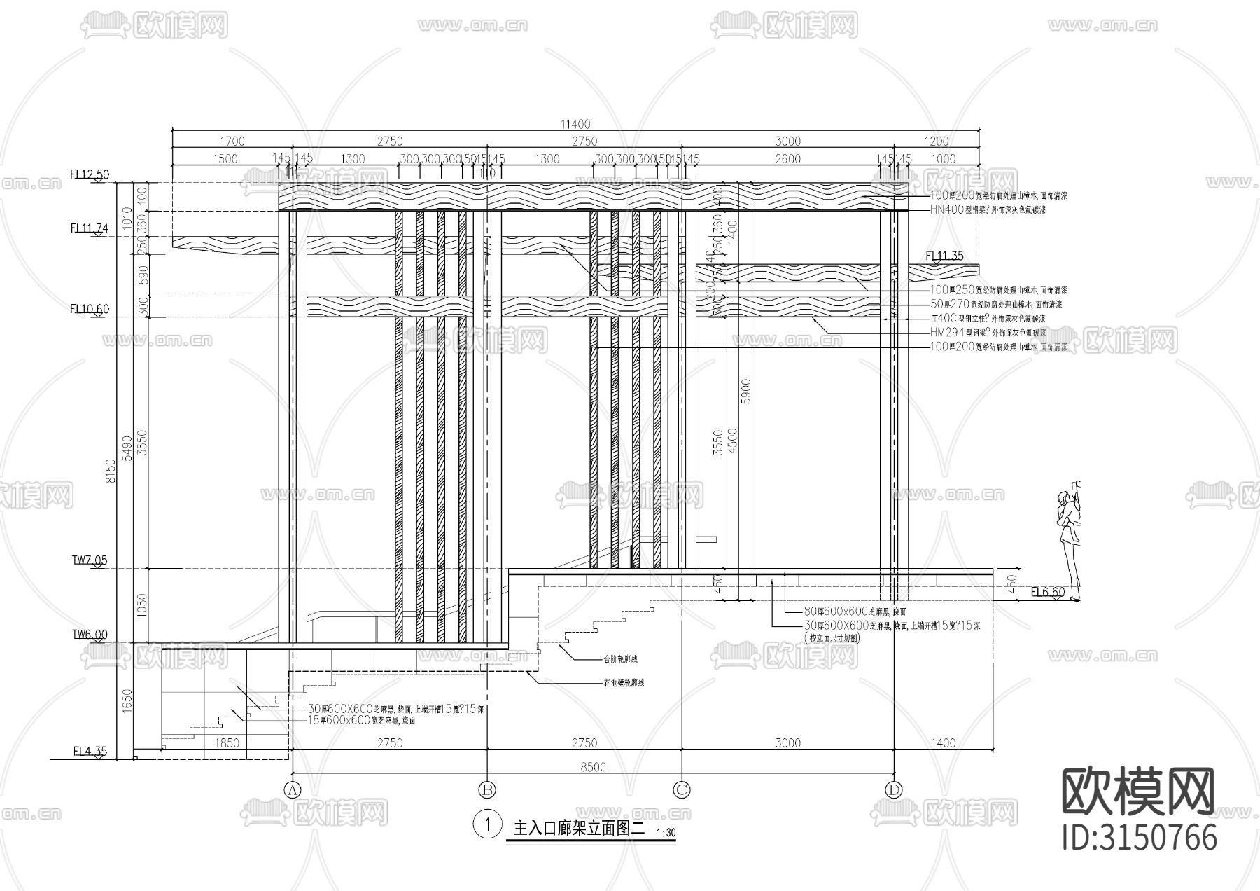 主入口廊架 栏杆cad大样图下载（渲染图5）