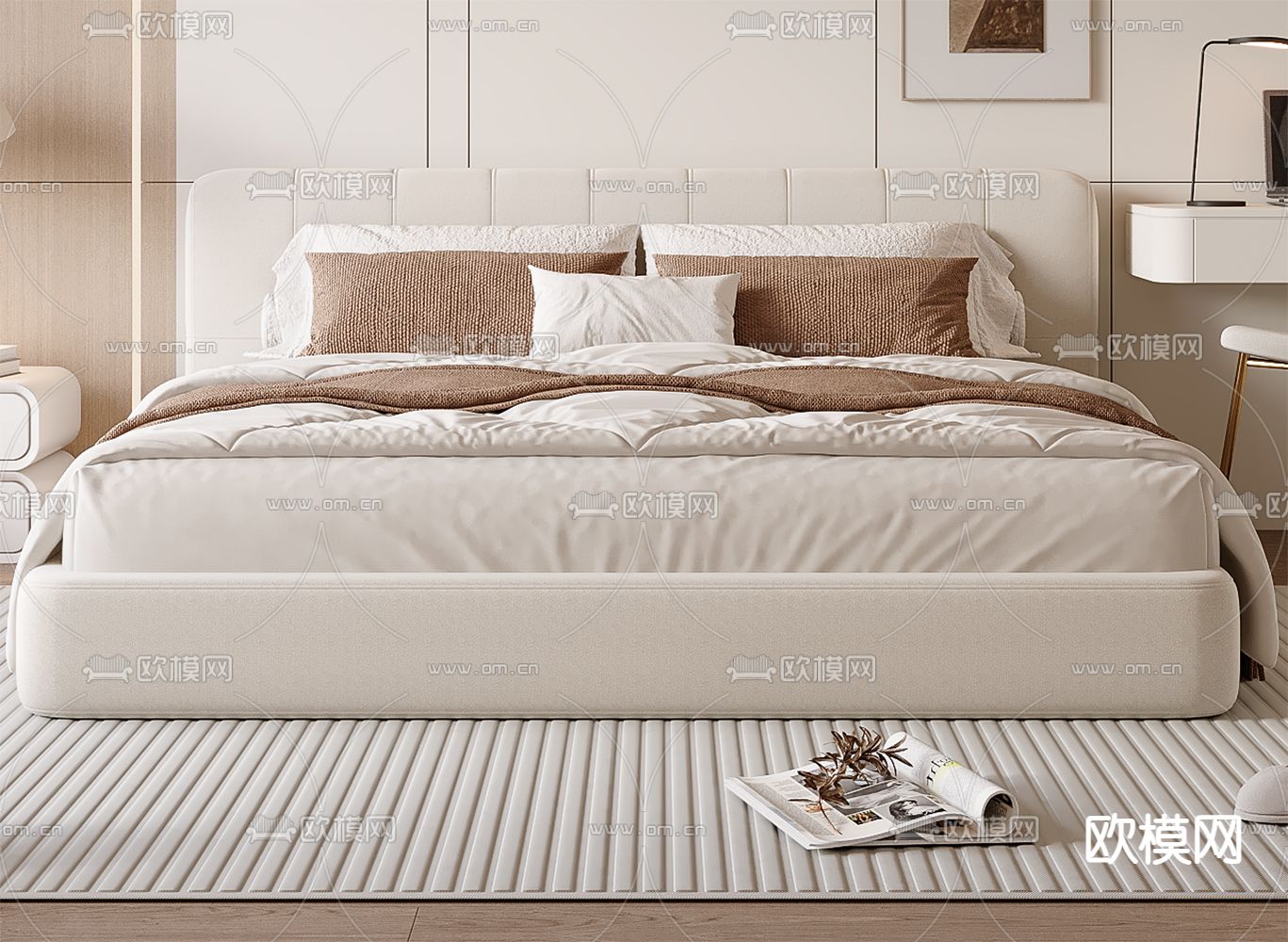 奶油风双人床su模型下载（渲染图1）