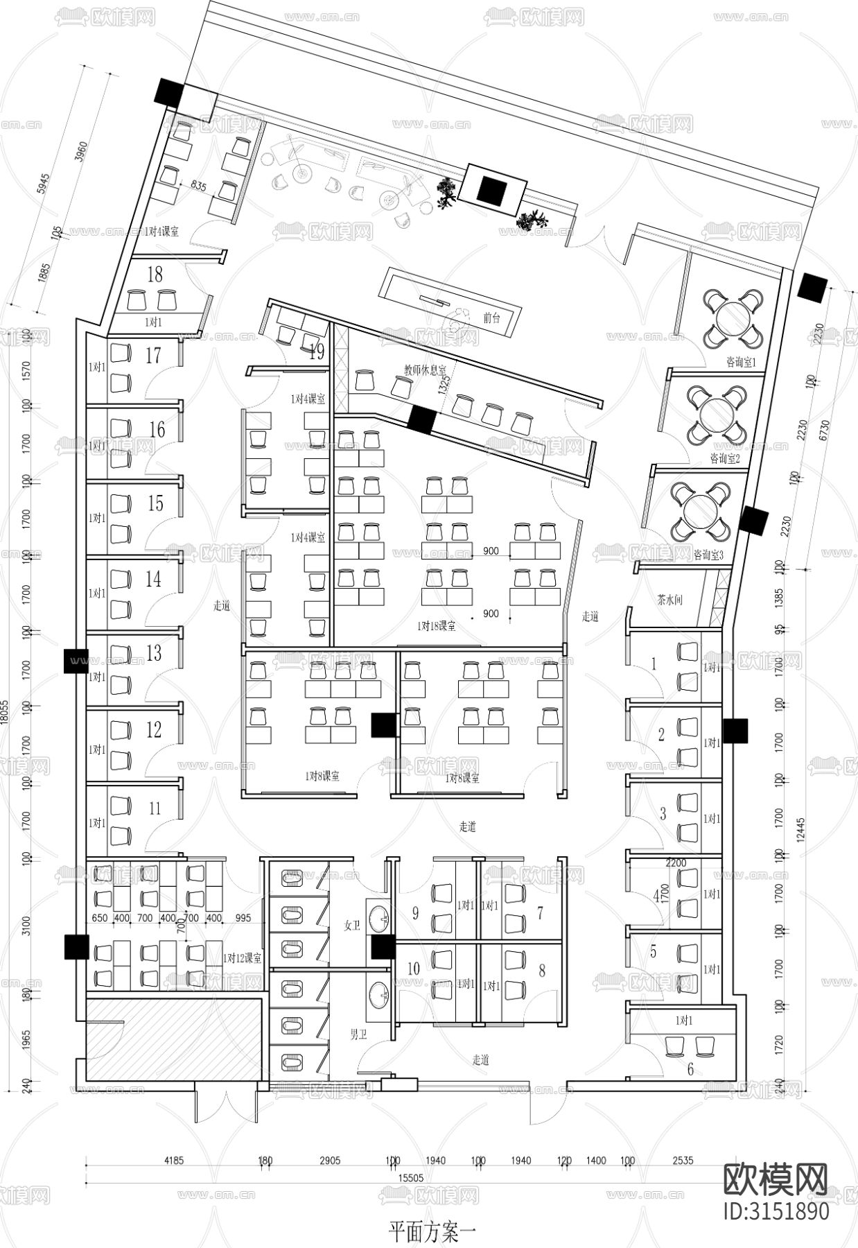 教育培训机构 课程辅导cad平面图下载（渲染图2）
