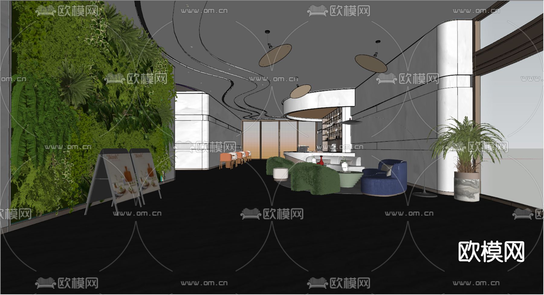 现代办公大堂 大堂水吧区su模型下载（渲染图1）