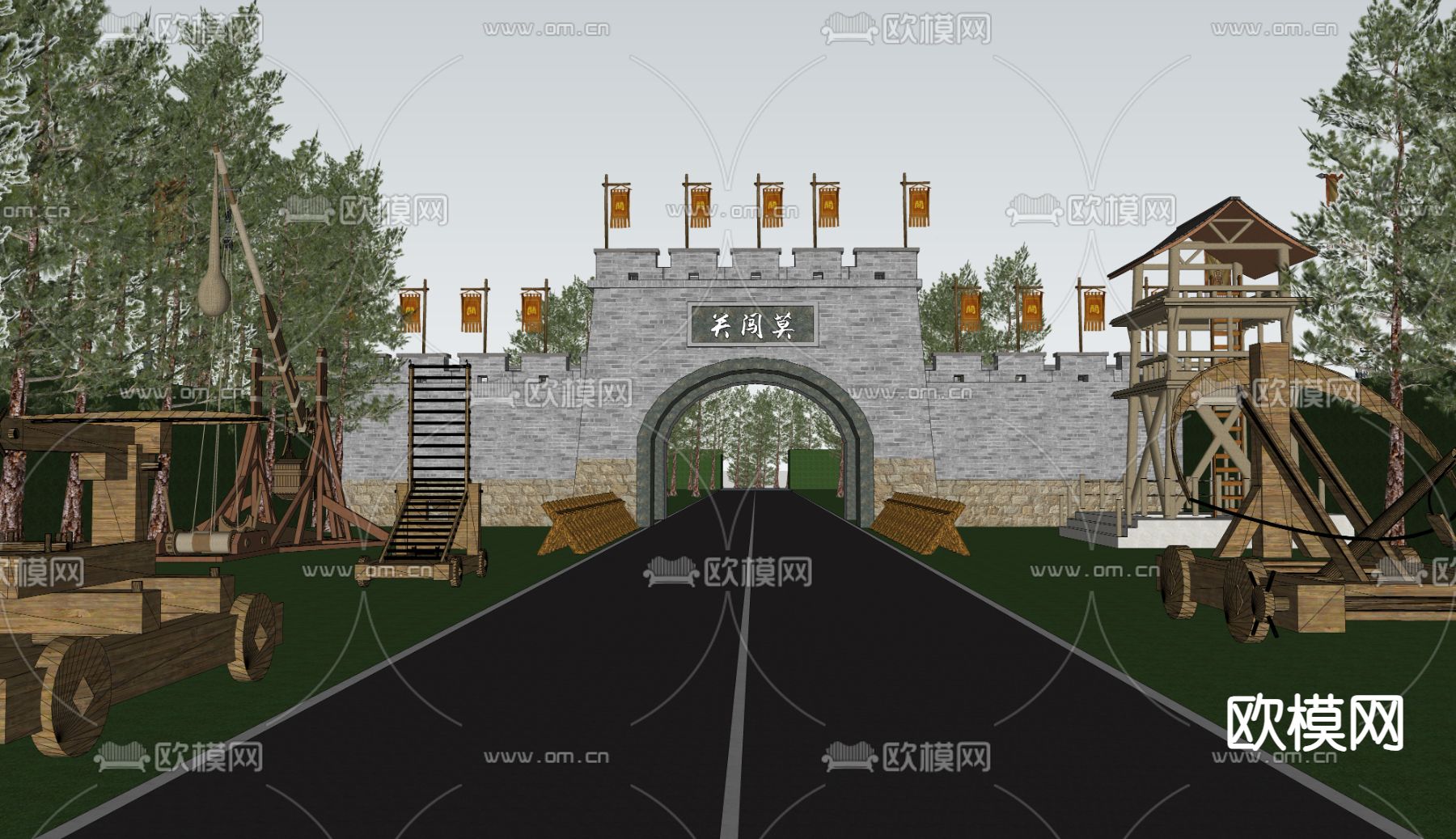 中式古城楼 古代关隘口 古建su模型下载（渲染图3）