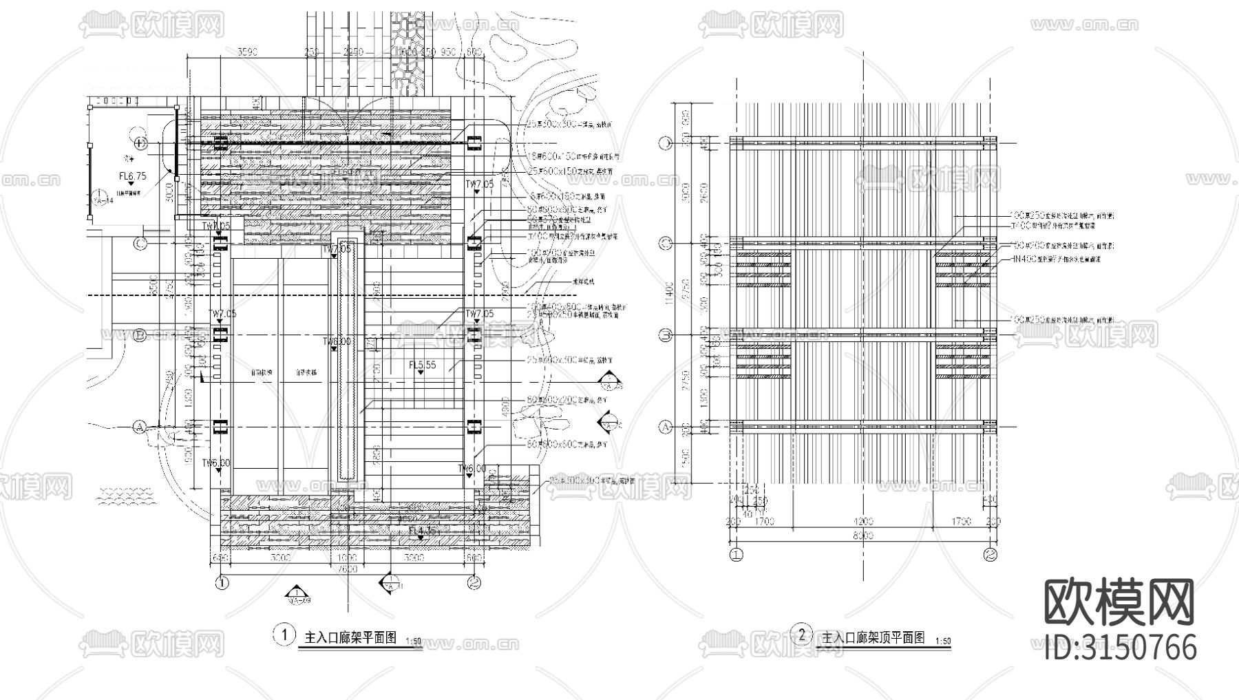 主入口廊架 栏杆cad大样图下载（渲染图3）