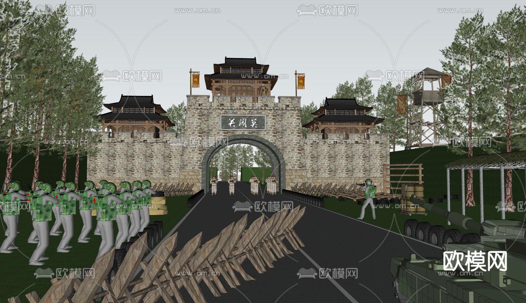 中式古城楼 关隘口 战争场景 钟楼古建su模型下载（渲染图3）