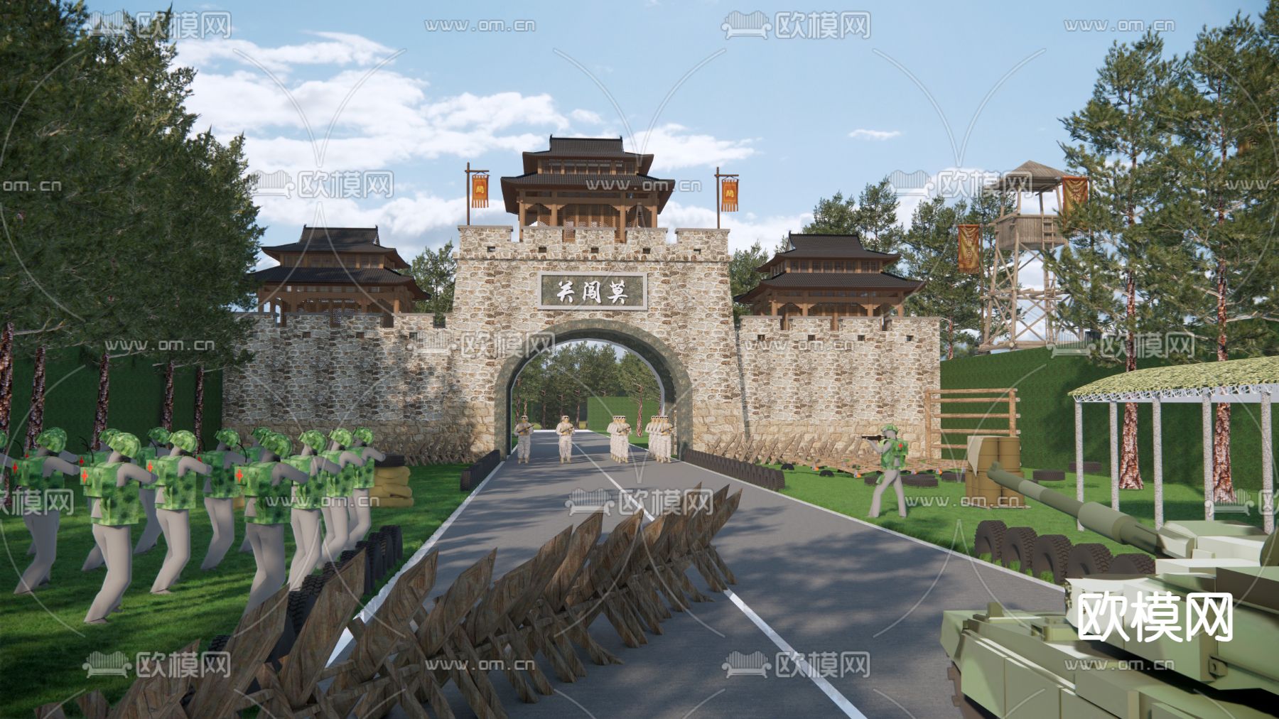 中式古城楼 关隘口 战争场景 钟楼古建su模型下载（渲染图1）