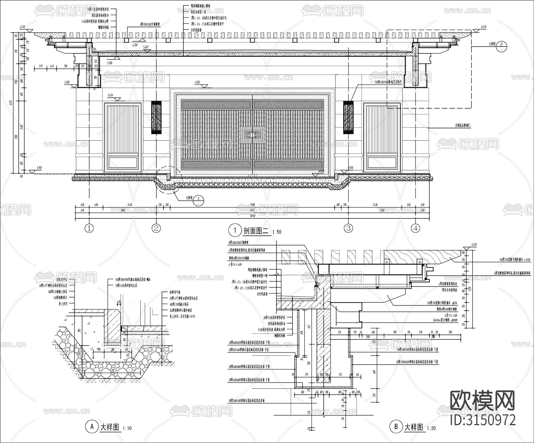小区入口大门 门楼cad施工图下载（渲染图8）