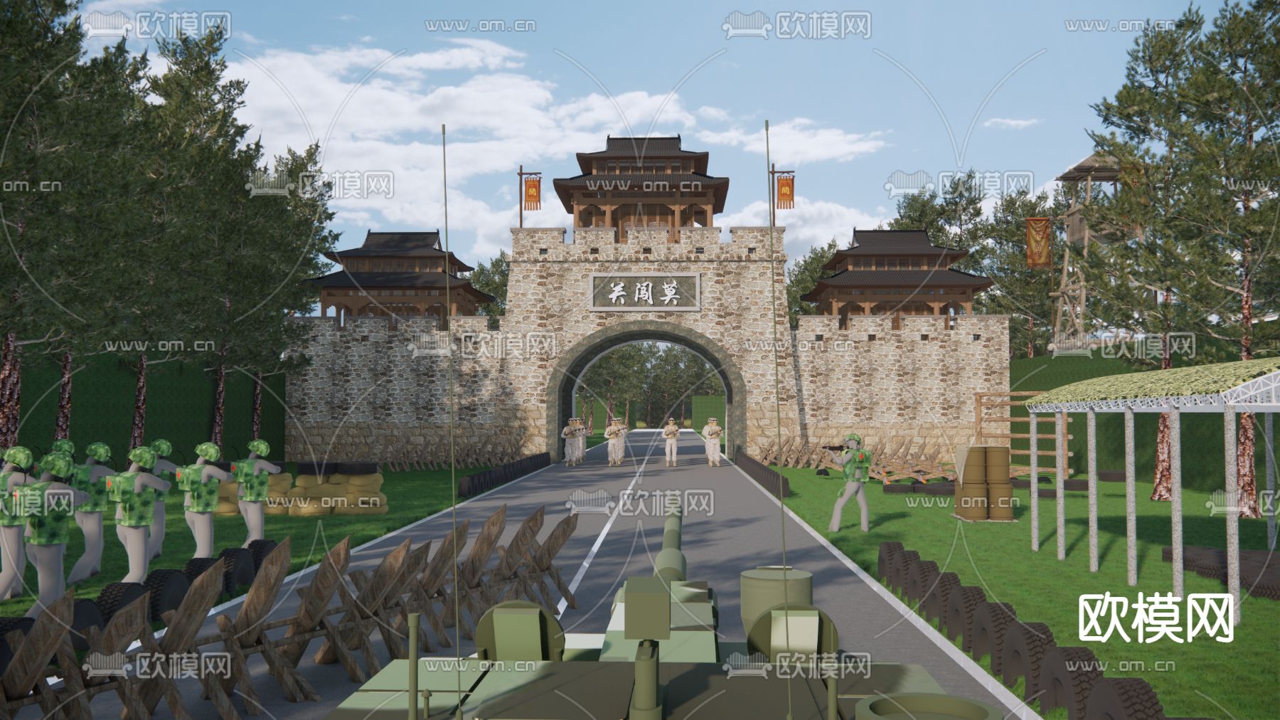 中式古城楼 关隘口 战争场景 钟楼古建su模型下载（渲染图2）