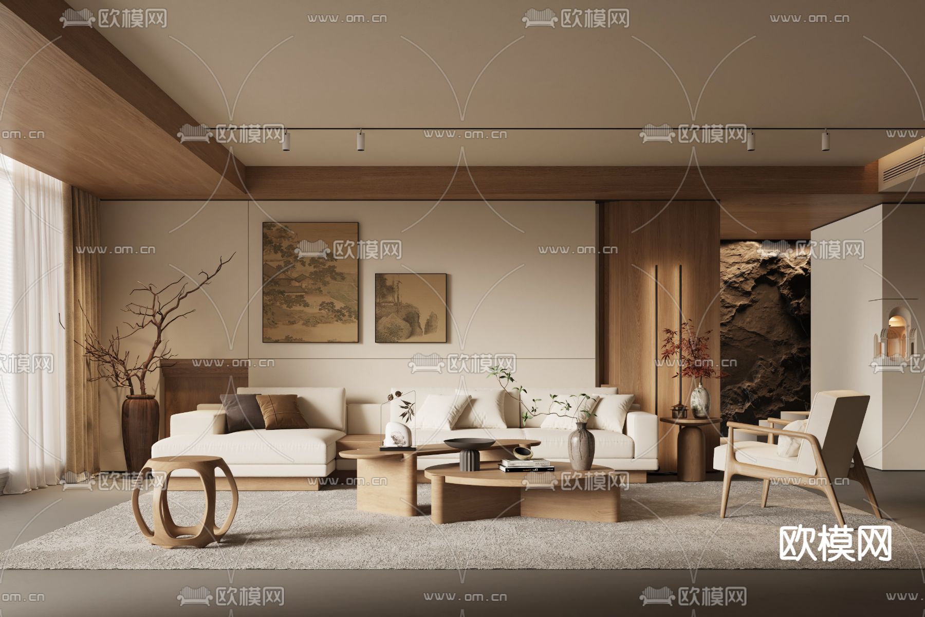 新中式客厅su模型下载（渲染图1）