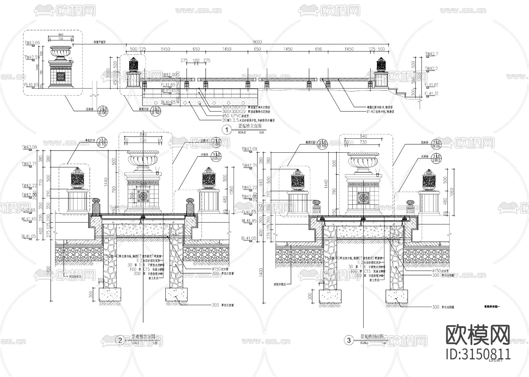 景观防腐木桥cad大样图下载（渲染图2）