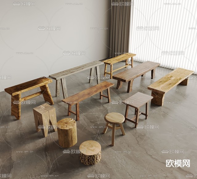 侘寂凳子 条凳 长凳3d模型下载